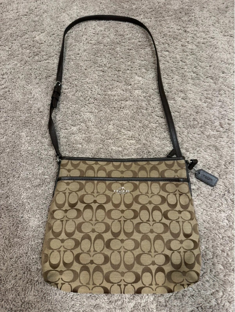 Coach Signature C Jacquard Crossbody Shoulder Bag Khaki Brown Leather Y2K
